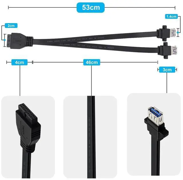 Alt view image 5 of 6 - Aomoproing USB 3.0 Front Panel Cable Extension with Panel Mount Holes 5Gbps Motherboard 19/20pin Header Splitter to 2 USB Female (50 cm)