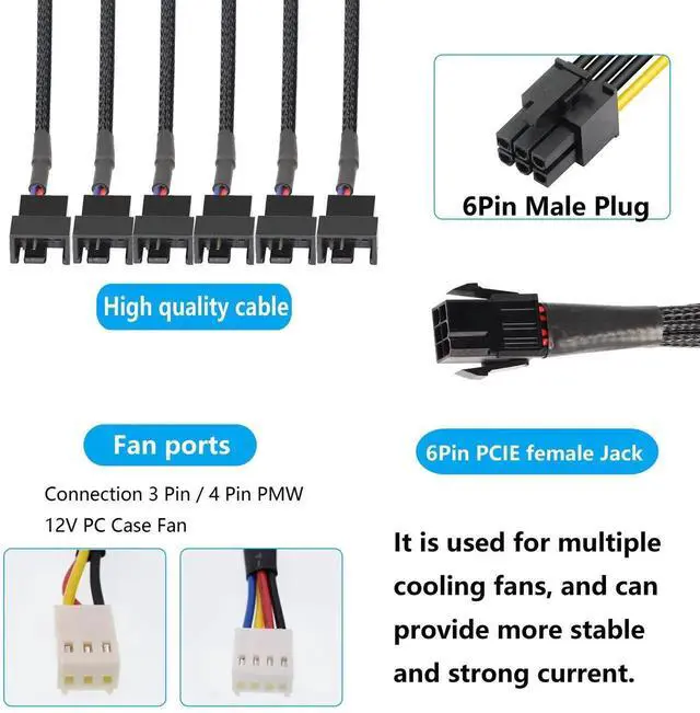Alt view image 6 of 7 - Aomoproing  6 Pin PCI-E to 6 x 3Pin 4Pin PC Case Fan Sleeved Adapter Cable, 3/4Pin to 6 Pin Male Computer Cooler Cooling Fan Splitter Y Power Cable (Black 6 PIN to 6 x 3pin/4Pin)