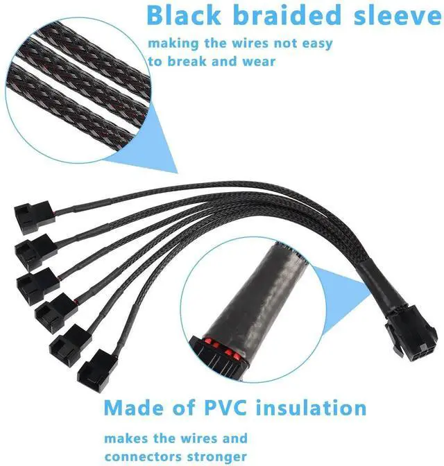 Alt view image 3 of 7 - Aomoproing  6 Pin PCI-E to 6 x 3Pin 4Pin PC Case Fan Sleeved Adapter Cable, 3/4Pin to 6 Pin Male Computer Cooler Cooling Fan Splitter Y Power Cable (Black 6 PIN to 6 x 3pin/4Pin)