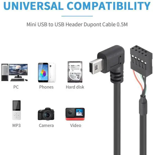 Alt view image 3 of 6 - Aomoproing Mini USB to Motherboard Cable, Right Angled Mini USB Male to 9 Pin Motherboard Female Adapter Dupont Extended Cable1.5FT/50CM