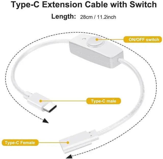 Alt view image 6 of 7 - Aomoproing USB Type C Switch Extension Cable 2 Pack Female to Male Power Cable with On Off Switch USB-C Extender Cord for LED Desk Lamp, USB Fan, LED Strips, White