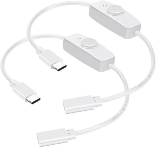 Main image of Aomoproing USB Type C Switch Extension Cable 2 Pack Female to Male Power Cable with On Off Switch USB-C Extender Cord for LED Desk Lamp, USB Fan, LED Strips, White