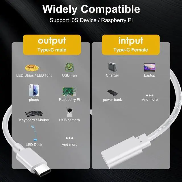 Alt view image 5 of 7 - Aomoproing USB Type C Switch Extension Cable 2 Pack Female to Male Power Cable with On Off Switch USB-C Extender Cord for LED Desk Lamp, USB Fan, LED Strips, White