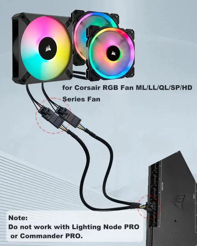 Alt view image 2 of 5 - Aomoproing RGB Splitter for Corsair RGB HUB, Lighting Node Core and iCUE Commander CORE XT, 4 Pin Male to Female Fan Extension Cable for Corsair RGB Fan ML/LL/QL/SP/HD 9-in