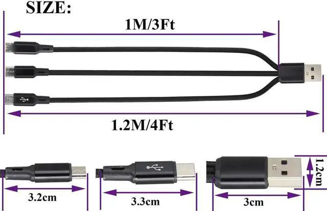 Alt view image 2 of 7 - 2Pack/4Ft 3 in 1 USB 2.0 A Splitter Cable USB A 2.0 Male to Dual Type C Male+Micro USB Male Charge Cable Fast Charge,Compatible for Most Mobile Phones and Tablets Devices(Black-2Type C+1Micro)
Be the