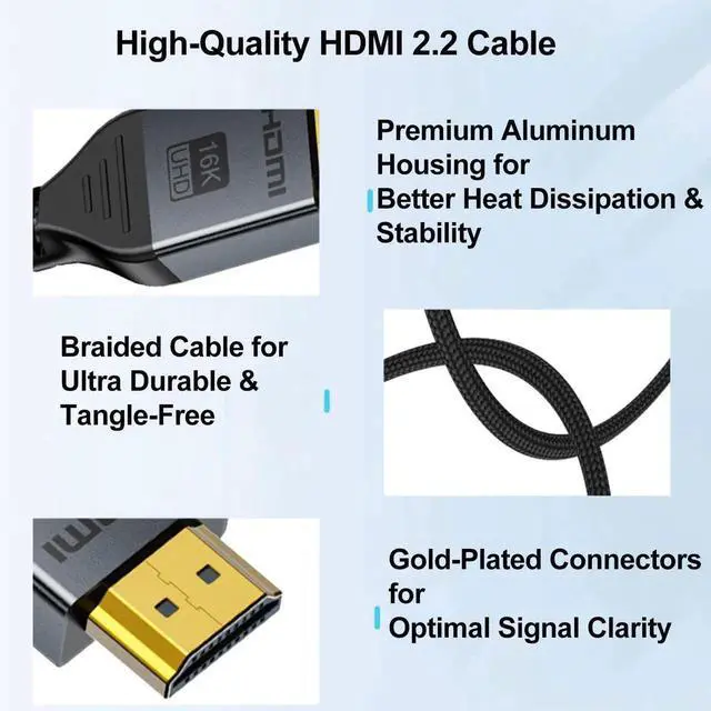 Alt view image 6 of 7 - 16K HDMI 2.2 Cable 10FT, 96Gbps Ultra High Speed 16K@60Hz 8K@120Hz 4K@480Hz HDMI Cord, HDCP 2.3 & HDR10 HDMI Cables for PS5/Xbox Series X|S/Roku TV/Gaming PC/Monitor/Blu-ray/Projector