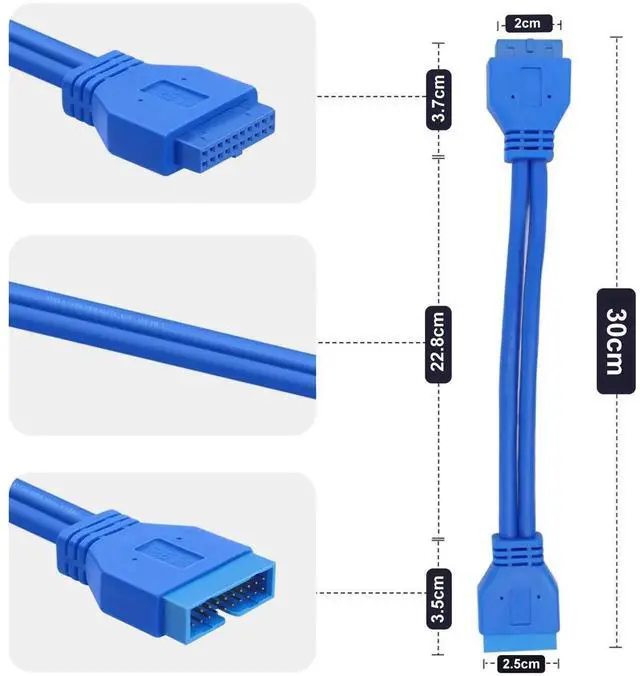 Alt view image 2 of 6 - Aomoproing USB 3.0 Motherboard Extension Cable 19/20 Pin Male to Female Internal Adapter (Blue, 1FT)
