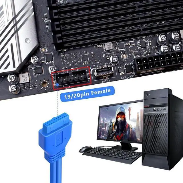 Alt view image 3 of 6 - Aomoproing USB 3.0 Motherboard Extension Cable 19/20 Pin Male to Female Internal Adapter (Blue, 1FT)