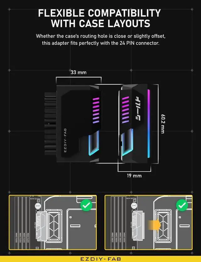 Alt view image 7 of 7 - Aomoproing   Shield 24-pin 90 Degree Angle Adapter with Infinity Mirror ARGB Light,ATX 24 Pin Power Connector, 5V 3pin ARGB Sync-90 Degree-Black-1 Pack