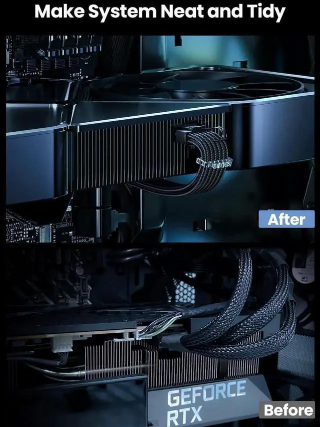 Alt view image 2 of 7 - Aomoproing 16pin GPU Cable to 4X 8 Pin Pcie Extension - PCI-e 5.0 12VHPWR Extender Cord 40cm Sleeved 12V-2x6 Cable for GeForce RTX 5090 5080 5070 5070Ti 4090 4080 4070ti 3090Ti (16AWG/Black)