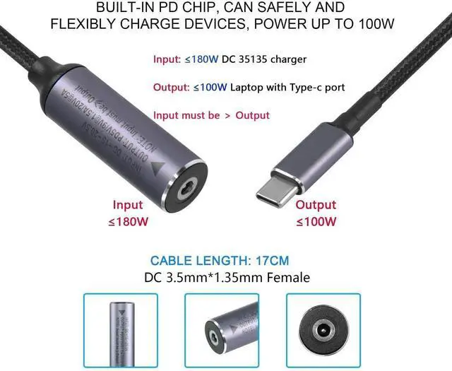 Alt view image 6 of 7 - Aomoproing PD 100W DC 3.5mm x 1.35mm Female Input to USB Type C Male Power Charging Cable, DC35135 to Type C Extension Cable with PD Automatic Identification Chip,for Phones,Tablets,Laptops