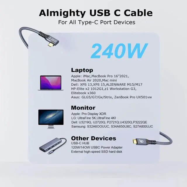 Alt view image 7 of 7 - Aomoproing USB C 3.2 Gen-2 4K 240W Thunderbolt 3 Extension Charging Data Cable 1M 3.3FT 90 Degree Elbow 20Gbps Data Transfer 48V 5A 4K@60Hz Video Cable Compatible with MacBook M1/M2/M3