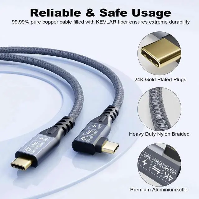 Alt view image 3 of 7 - Aomoproing USB C 3.2 Gen-2 4K 240W Thunderbolt 3 Extension Charging Data Cable 1M 3.3FT 90 Degree Elbow 20Gbps Data Transfer 48V 5A 4K@60Hz Video Cable Compatible with MacBook M1/M2/M3