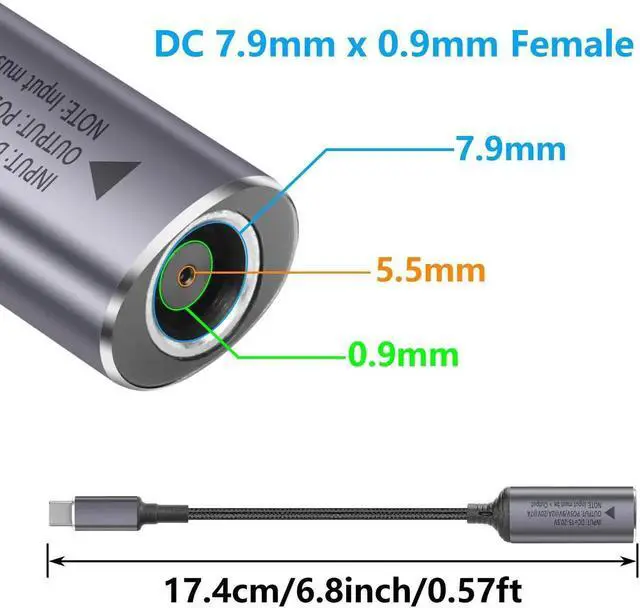 Alt view image 3 of 7 - Aomoproing PD 140W DC7909 to USB C Cable DC 7.9mm x 0.9mm Female(7.9 x 5.5mm) Input to Type C Male Power Charging Cable with PD Automatic Identification Chip,for Phones,Tablets,Laptops(DC7909)
