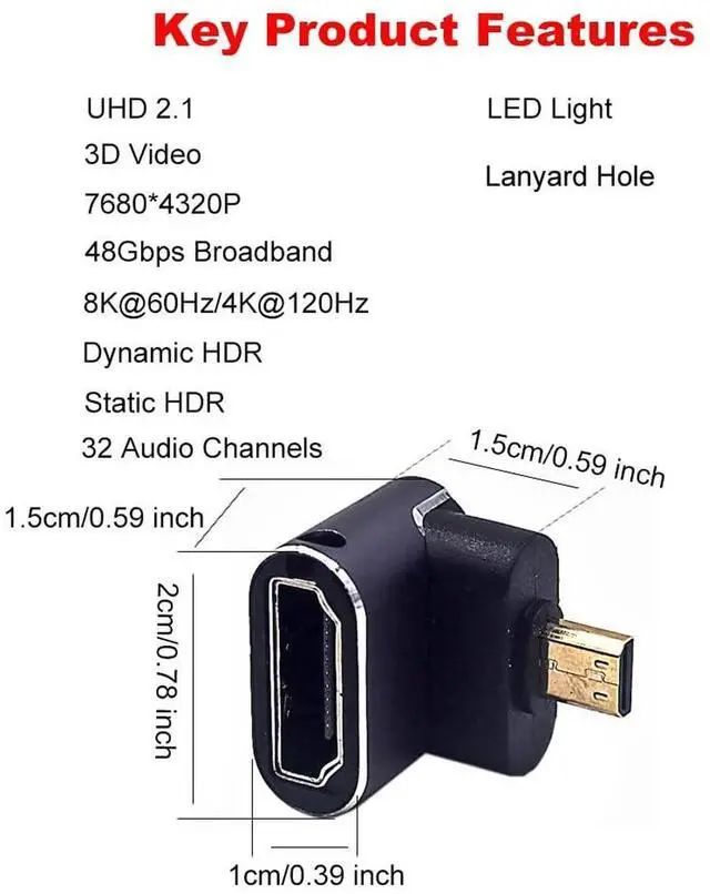 Alt view image 3 of 3 - AOMOPROING 8K@60Hz Micro HDMI 2.1 to HDMI 2.1 Adapter 2 Pack, 3D 48Gbps Bidirectional Converter, Male to Female Down Angle Extender Connector Coupler for Xbox Switch HDTV PS5/4, Dynamic HDR