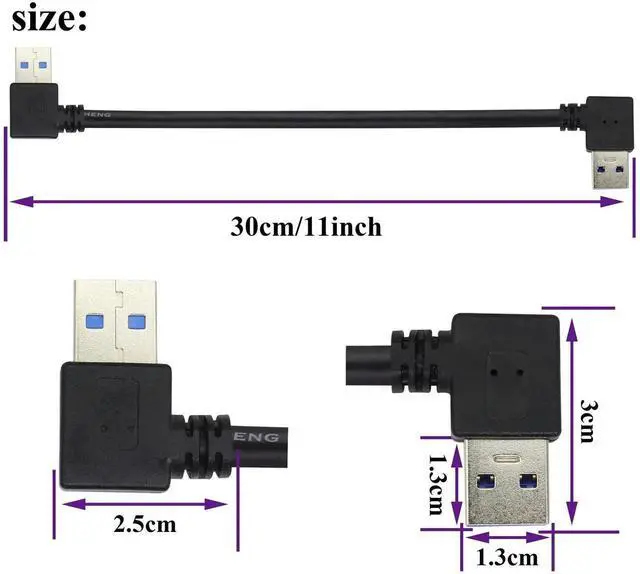 Alt view image 5 of 7 - Aomoproing 2 Pack Left & Right Angle USB 3.0 A Cable 90 Degree USB 3.0 Type A Male Transferring Data and Charging Extension Cable for Hard Drive,Printers,Modems,Mouse,Laptop Cooler(0.3M/1ft-Black)
