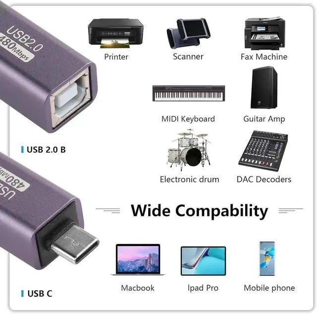 Alt view image 6 of 7 - Aomoproing 2 Pack USB C to USB B Adapter Type C to MIDI Convert Connector Type C Male to USB B Female Printer Adapter for Eectric Piano DAC,Synthesizer,DJ Controller,Keyboard,Printer (Straight)
