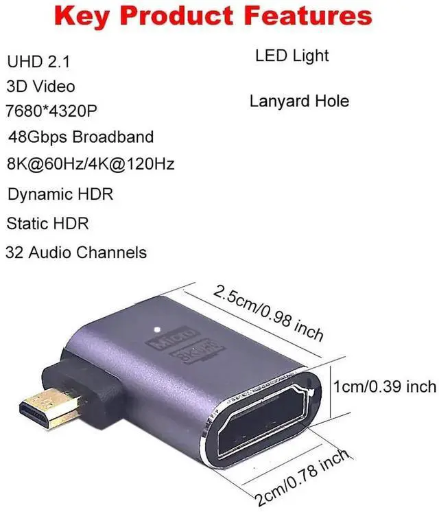 Alt view image 3 of 3 - AOMOPROING 8K@60Hz Micro HDMI 2.1 to HDMI 2.1 Adapter 2 Pack, 3D 48Gbps Bidirectional Converter, Male to Female Right Angle Extender Connector Coupler for Xbox Switch HDTV PS5/4, Dynamic HDR