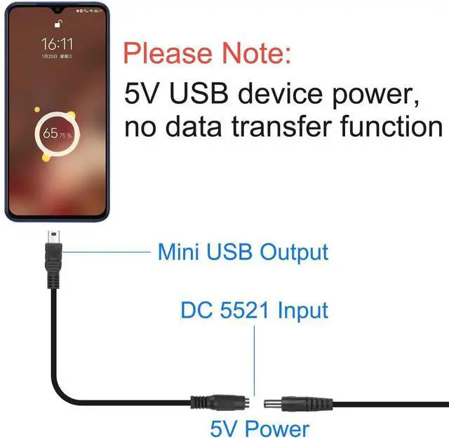 Alt view image 5 of 7 - Aomoproing DC 5.5 * 2.1mm to Mini USB Power Adapter Connector Charging Cable DC 5521 Female to Mini USB 5 Pin Male Power Supply Extension Cable for Camera,Small Fan,MP3MP4,etc - 20CM/7.8IN 2PCS