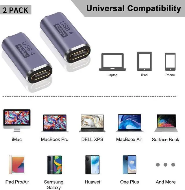 Alt view image 4 of 7 - Aomoproing USB C Female to Female Adapter, 100W USB C Coupler, 40Gbps Type C Extension Extender Adapter Support Thuderbolt 4 Cable for Docking, Galaxy, 2-Pack