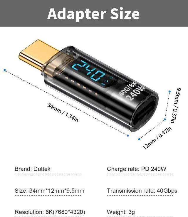 Alt view image 5 of 7 - Aomoproing 240W USB C Extension Adapter Power Meter Tester, USB C Male to USB C Female Adapter with Wattage LED Digital Display, for iPhone 15, USB-C Cables/Devices (2 Pack-Transparent)