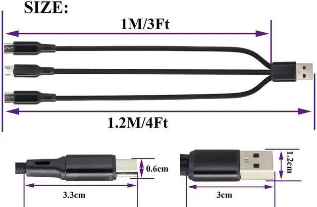 Alt view image 7 of 7 - 4Ft/2Pack Micro USB Multi Charging Cable 3 in 1 Fast Charging Cord 2A USB 2.0 A Male to Three Micro USB Male Y Splitter Charge Cord for Smart Phones&Any Micro USB Powered Device(Black-3Micro)