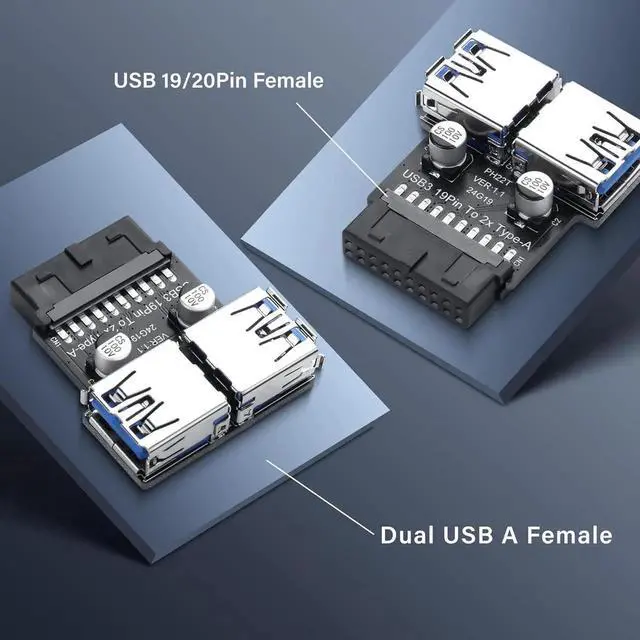 Alt view image 2 of 7 - Aomoproing USB 3.0 Front Panel Header USB 3.0 19/20Pin to Dual USB A Motherboard Header Adapter 19Pin Female to Double USB Type A Female Front Connector Converter