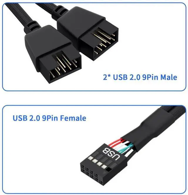 Alt view image 6 of 6 - Aomoproing 1 Pack Motherboard 9 Pin USB 2.0 to Dual 9 Pin Extension Splitter, Motherboard USB Splitter 9 Pin Header Cable, USB2.0 Header Splitter for Internal Computer Motherboard (Braided Black)