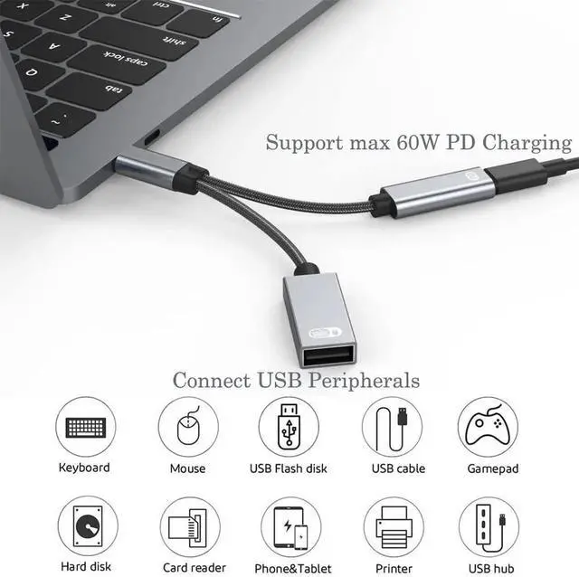 Alt view image 6 of 7 - Aomoproing 2-in-1 USB Type C to USB Adapter (OTG Cable + Power Cable) for Steam Deck, Switch, Chromecast Google TV, MacBook, iPad, 3D Printer, Samsung Galaxy S20 S21 S22, Google Pixel and More - Gray