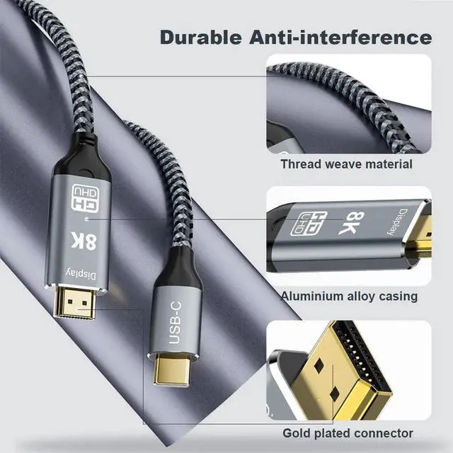 Alt view image 5 of 7 - USB C to HDMI 2.1 Cable 6.6FT, 8K@60Hz 4K@144Hz Thunderbolt 3/4 Compatible with MacBook Pro/Air, iPad Pro, iPhone 15, Supports HDCP 2.3 & HDR10, High Speed 48Gbps for XPS, Galaxy S22, Gaming Monitor