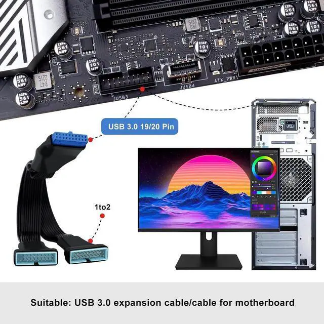 Alt view image 2 of 6 - Aomoproing USB 3.0 Header Splitter Extension Cable Motherboard 19/20 Pin Male to Female Adapter, Small Mini 1 in 2 Out Internal USB 3.0 Extension Cord (6 inch)