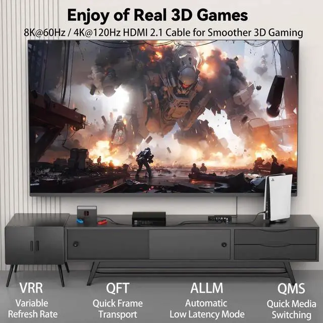 Alt view image 5 of 7 - AOMOPROING 8K HDMI Cable 10 FT, HDMI 2.1 Gaming Cord, Support 8K@60Hz, 4K@120Hz, Dynamic HDR10+, SBTM, VRR, QFT, ALLM, 3D, HDCP 2.3 for PS5, Xbox, Nintendo Switch, TV, PC, Monitor, Graphics Card