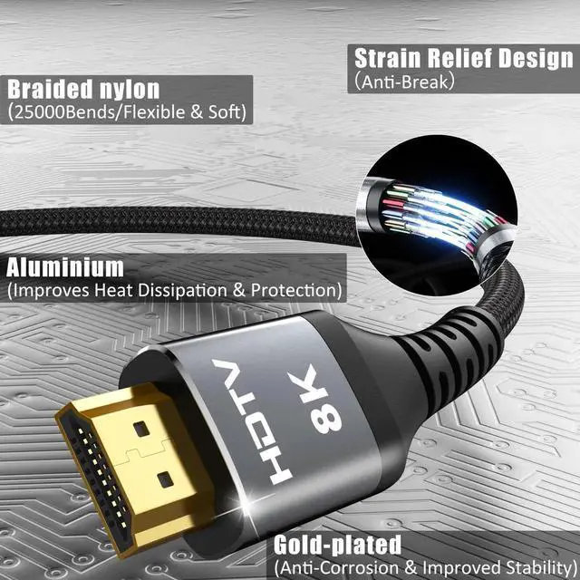 Alt view image 2 of 7 - AOMOPROING 8K HDMI Cable 10 FT, HDMI 2.1 Gaming Cord, Support 8K@60Hz, 4K@120Hz, Dynamic HDR10+, SBTM, VRR, QFT, ALLM, 3D, HDCP 2.3 for PS5, Xbox, Nintendo Switch, TV, PC, Monitor, Graphics Card