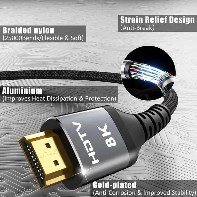 Alt view image 3 of 7 - 8K HDMI Cable 6FT 4-Pack, High Speed 48Gbps HDMI 2.1 Cord, Support 8K@60Hz & 4K@120Hz, HDR10+, SBTM, 12bit, 3D, eARC, Dolby Atmos, DTS:X, HDCP 2.3 for TV, Monitor, Apple TV, Roku, Soundbar, PS5, Xbox