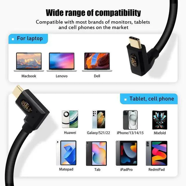 Alt view image 3 of 7 - 1ft Bidirectional USB 4.0 Type C Cable, 40Gbps Data, 240W PD Charging, 8K@60Hz Video, Left & Right to Up Down Angle Male Cord for Thunderbolt 4/3, Smartphones, Laptops, Monitor, Gaming Console