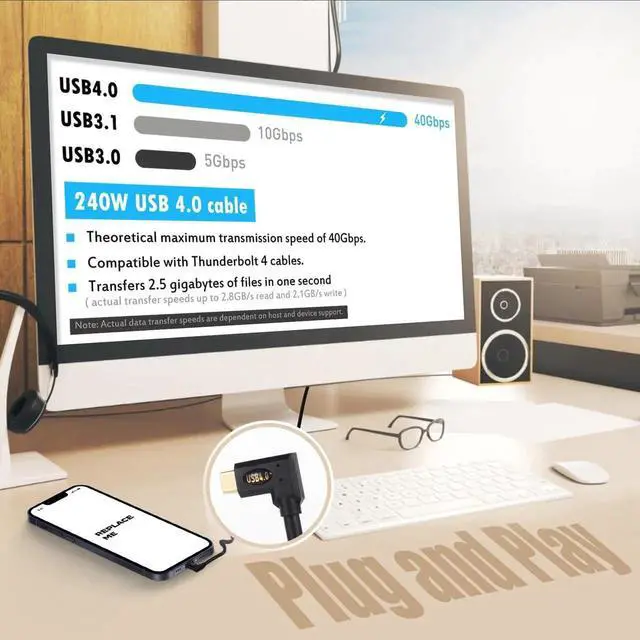Alt view image 7 of 7 - Aomoproing 1ft Bidirectional USB 4.0 Type C Cable, 40Gbps Data, 240W PD Charging, 8K@60Hz Video, Straight to Up Down Male Cord for Thunderbolt 4/3, Smartphones, Laptops, Monitor, Gaming Console