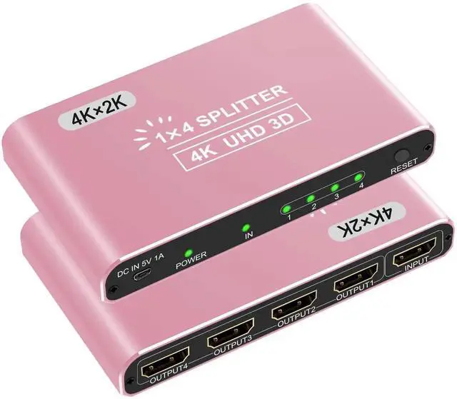 Main image of AOMOPROING HDMI Splitter 1 in 4 Out, 4K HDMI Splitters for Four Monitors Supports 3D Full HD 1080P Aluminum, Compatible for PS4 Fire Stick HDTV(1 Source to 4 Displays) Pink
