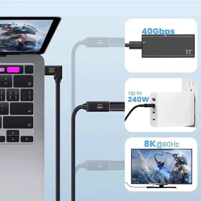 Alt view image 5 of 7 - Aomoproing 2ft USB 4.0 Type C Cable, Bidirectional 40Gbps Data, 240W PD Charging, 8K@60Hz Video, Up Down to Up Down Angle Male Cord for Thunderbolt 4/3, Smartphones, Laptops, Monitor, Gaming Console