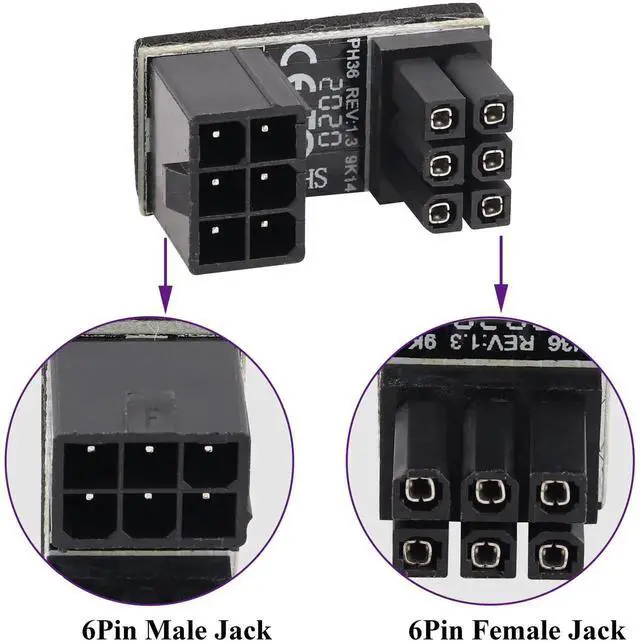 Alt view image 4 of 7 - Aomoproing  (2Pack 180 Degree ATX 6Pin Female to Male Connector PCI 6 Pin to 6 Pin PCI Express Video Card Power Adapter for Desktop Graphics Card (Down/6 Pin)