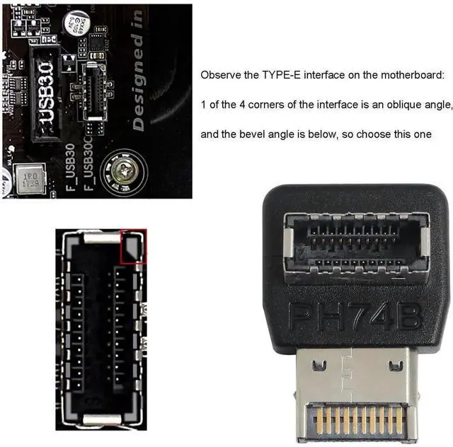 Alt view image 5 of 5 - Aomoproing Computer Motherboard USB3.1 Type-E Interface 90-Degree Right Angle Bent Head with Shell PH74B Right Angle Bent Head USB E Adapter for Computer Motherboard