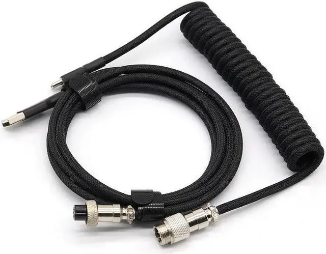 Main image of Aomoproing Coiled Keyboard Cable for Gaming Mechanical Keyboard, Handwork Braided + PET Mesh, Metal Plug, with Detachable Metal Aviator Connector, 3 Meters USB C Aviator Cable (Black)