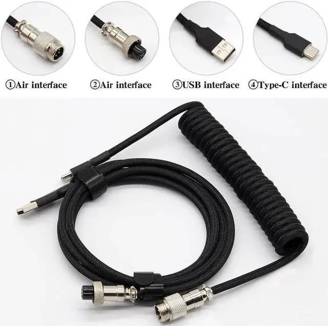 Alt view image 2 of 5 - Aomoproing Coiled Keyboard Cable for Gaming Mechanical Keyboard, Handwork Braided + PET Mesh, Metal Plug, with Detachable Metal Aviator Connector, 3 Meters USB C Aviator Cable (Black)