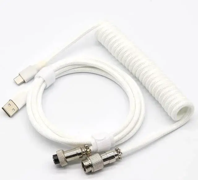 Main image of Aomoproing Coiled Keyboard Cable for Gaming Mechanical Keyboard, Handwork Braided + PET Mesh, Metal Plug, with Detachable Metal Aviator Connector, 3 Meters USB C Aviator Cable (White)