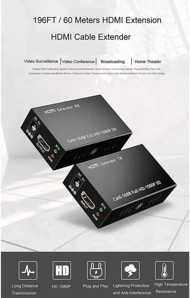 Alt view image 2 of 7 - AOMOPROING HDMI Extender 196ft/60m Over LAN Single CAT5e/CAT6A/CAT7,HDMI to RJ45 Network Adapter,RJ45 to HDMI Uncompressed 1080P@60Hz,Direct 1 to 1 Extender,Network LAN,Network Extension