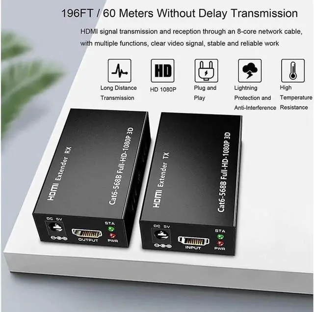 Alt view image 4 of 7 - AOMOPROING HDMI Extender 196ft/60m Over LAN Single CAT5e/CAT6A/CAT7,HDMI to RJ45 Network Adapter,RJ45 to HDMI Uncompressed 1080P@60Hz,Direct 1 to 1 Extender,Network LAN,Network Extension