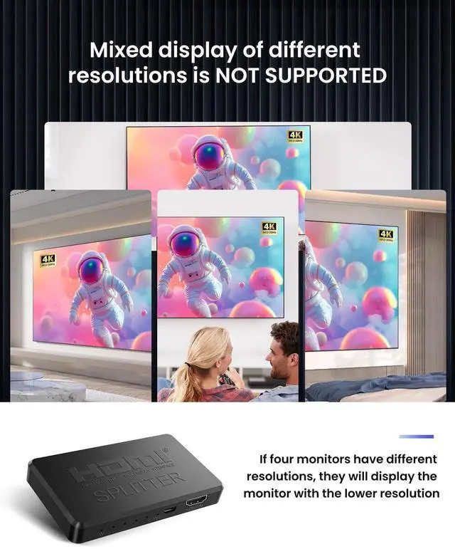 Alt view image 4 of 7 - Aomoproing HDMI Splitter 1 in 4 Out Support Duplicate/Mirror 1 Source Screen to 4 HDM-I Display Devices(Not Extend), 4 Port Hdmi Splitters for 3D,1080P, UHD TV(Not Include HDMI Cable)