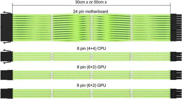 Alt view image 3 of 4 - PSU Cable Extension Sleeved Custom Mod GPU PC Power Supply Braided w/Comb Kit | 1x 24 P (20+4) | 1x 8 P (4+4) CPU | 2X 8 P (6+2) GPU Set | 30CM 300MM - Green