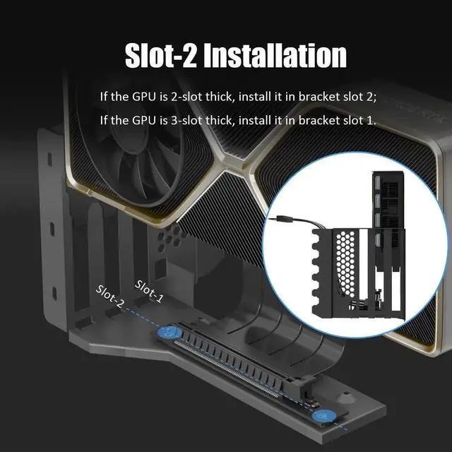 Alt view image 2 of 7 - Aomoproing  2-Slot GPU Support Bracket with 200mm PCIe 4.0 Riser Cable for GPU Vertical Mount, Compatible with RTX 40/30 Series and Radeon RX7000/RX6000 Series, PC Cases with Open PCI 7/8-slot Design