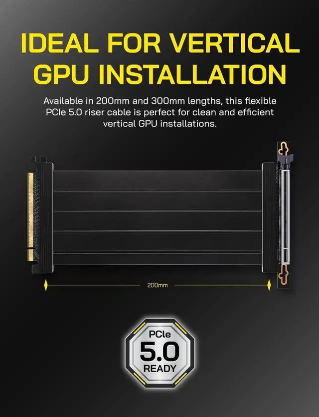 Alt view image 6 of 7 - Aomoproing PCIe 5.0 X16 Riser Cable,128GB/s Bandwidth, for RTX 50/40 & RX 9000/7000 GPUs, PCIe Extension Card, Backward Compatible with PCIe 4.0/3.0,Vertical GPU Mount,Right Angle-20cm,Black