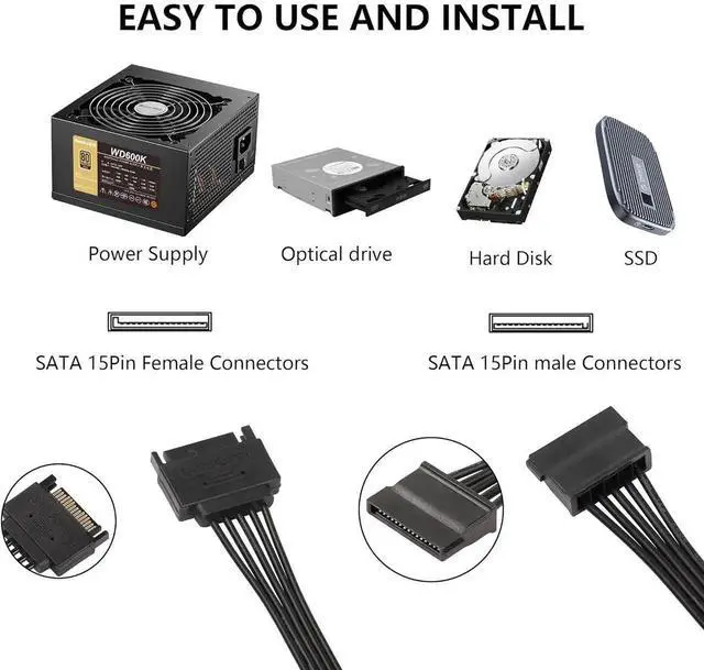 Alt view image 2 of 7 - Aomoproing SATA Power Splitter Cable - 15Pin Male to 5 Female Power Extension Hard Drive Cable for HDD, SSD and Optical Drives - 23.5cm